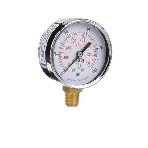 Winters 2-1/2 in dial dry pressure gauge with brass internals, steel case, dual psi/kPa scales, 1/4 in NPT bottom mount