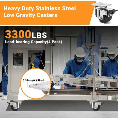2.5 inch heavy duty stainless steel low profile caster wheels made from SUS 304 on industrial equipment, 3300 lbs load capacity, 4 pack.