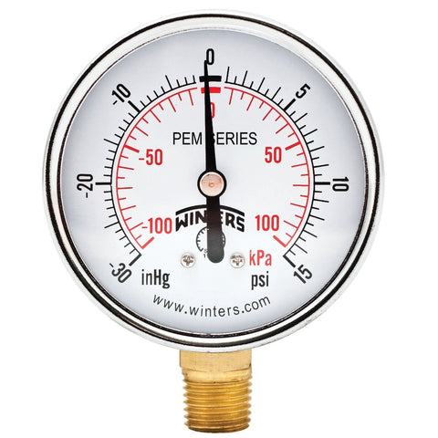 Winters 2.5-inch dial gauge with brass internals, steel case, dual scale 30 inHg-0 Vac/kPa, 1/4 NPT bottom mount