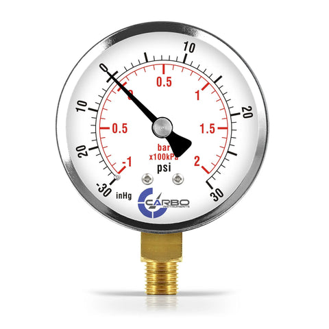Carbo Instruments 2-1/2 in pressure gauge, chrome-plated steel case, dry, vacuum -30 Hg to 30 psi, lower mount 1/4 NPT