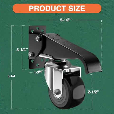 Side view of Workbench Casters Kit Heavy Duty Retractable Side Mount Caster Wheels 2.5 Inch Set Of 4 Supports Up To 700 Lbs Each