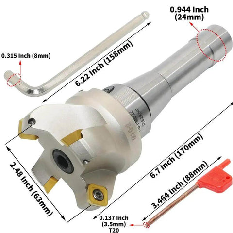 2.5 Inch Face Milling Cutter Kit With KM12 Holder And 63mm CNC End Mill R8 FMB22 Shank Shell Mill Arbor Four SEHT1204 Carbide Inserts