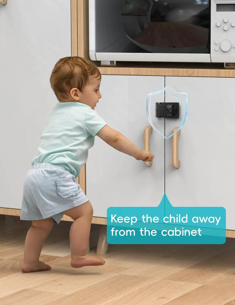 Child reaching for cabinet secured with 2.5 Inch Keyed Hasp Lock For Cabinets And Small Doors With Twist Knob Design, black finish.