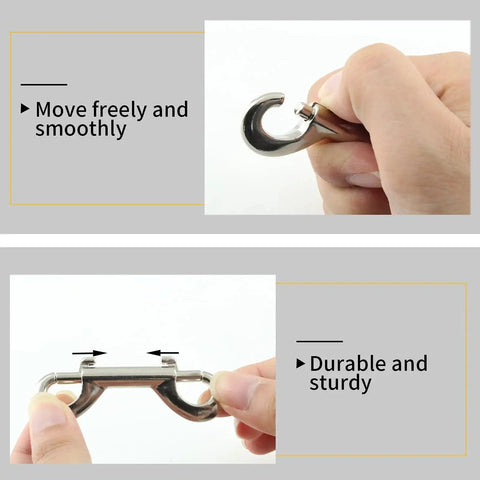 Demonstrating Six Pack 2.7 Inch Double Ended Bolt Snap Hooks Zinc Alloy Chain Clips with durable silver finish in use close-up.