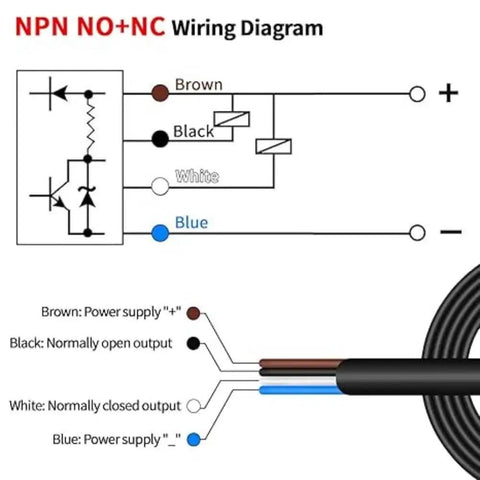 Wiring diagram for 2-Pack BGX-35N Background-Suppressing Photoelectric Switch, showing NPN NO+NC connections with color-coded wires.