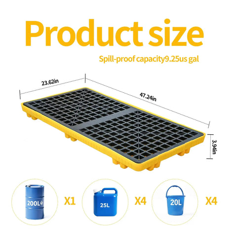 2 Drum Modular Spill Containment Pallet With 2000 Lbs Capacity, Leakproof Stackable Industrial Tray, shown with dimensions and drums