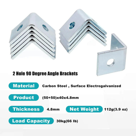Ten sturdy L shaped 90 degree brackets with two holes securely support 1-5/8 inch wide strut channels with 1/2 inch bolts, 3/16 inch thick electrogalvanized steel shown stacked and single, indicating material and dimension details, useful for corrosion-resistant metal framing.