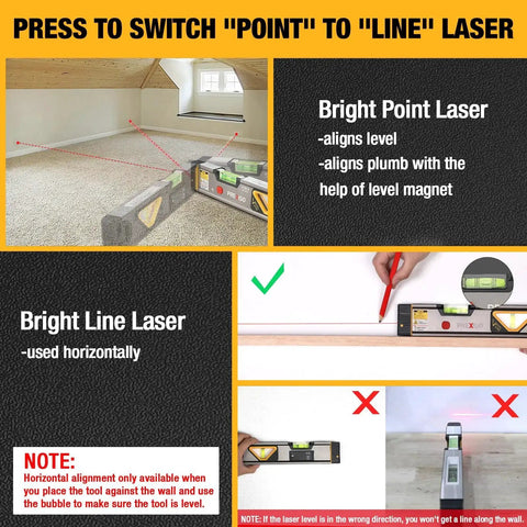 Versatile 2-in-1 laser level blends a 12 inch spirit level with a bright red laser, magnetic base, demonstrating alignment use