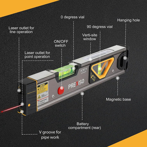 Versatile 2-in-1 laser level blends a 12 inch spirit level with a bright red laser, magnetic base, showing features and labels.