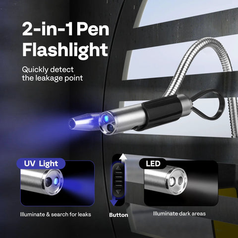 HVAC refrigerant leak detector pen with UV and LED light, silver and black metal body, automotive tool