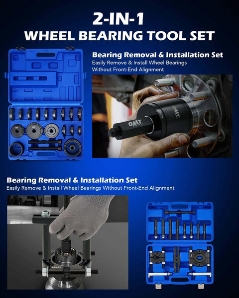 2-in-1 Wheel Bearing Tool Set display, featuring Bearing Press Kit, Front Wheel Bearing Removal Kit with Sliding Screws Sleeves.