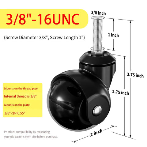 2 Inch Ball Caster Wheels With Threaded Stem Stem Diameter Three Eighths Inch And Stem Length One Inch Heavy Duty 1200 Lbs Swivel Castors