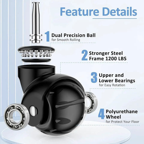 2 Inch Ball Caster Wheels Stem Casters Set Of 4 Heavy Duty 1200 Lb Capacity 360 Degree Swivel Non Marking Polyurethane Black Replacement Castors For Furniture Cabinets Carts And Coffee Tables Premium Black details