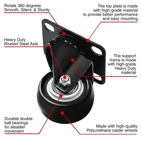 Close-up of black polyurethane 2 inch caster wheel with swivel plate, highlighting features like steel axle, for furniture and carts.