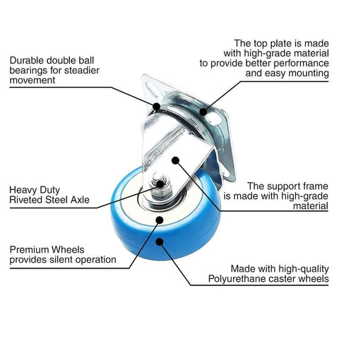 Close-up view of a 2 inch swivel plate caster wheel made with high-quality polyurethane, featuring a durable steel axle.