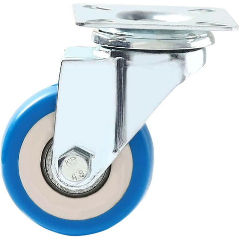24 pack caster swivel plate with blue polyurethane wheels, 2 inch swivel casters with no brake side view close-up.