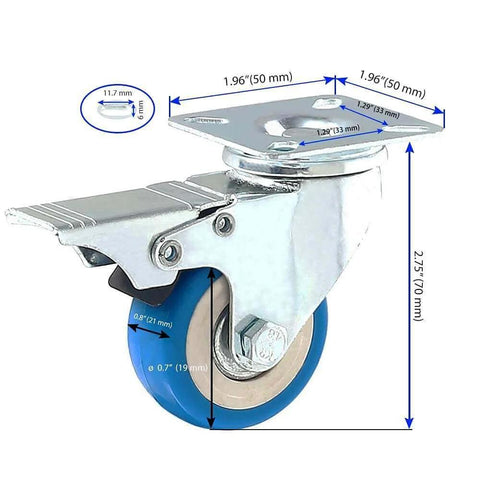 24 pack caster swivel plate with brake on blue polyurethane wheels, 2 inch locking swivel casters with dimensions.