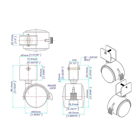 Technical drawing of 2 Inch Wheel Diameter Hooded Twin Wheel Caster with Brake and U Clip Stem for Heavy Duty Furniture installation.