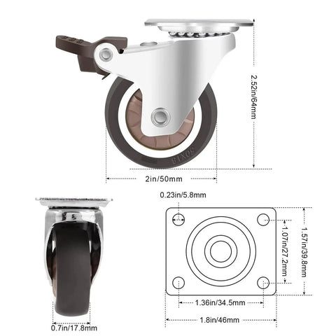Diagram of Heavy Duty 2 Inch Caster Wheels Set of 4 with Locking Casters, showing dimensions and 360-degree swivel feature.