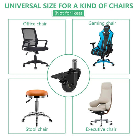 2 Inch Office Chair Caster Wheels With Brakes Heavy Duty Set Of 5 Replacement Universal Rolling Chair Wheels For Hardwood Floors And Carpet Rubber Desk And Gaming Chair Casters With Locks 11mm Stem Fits 98 Percent Of Chairs with examples of compatible office, gaming, stool, and executive chairs visible