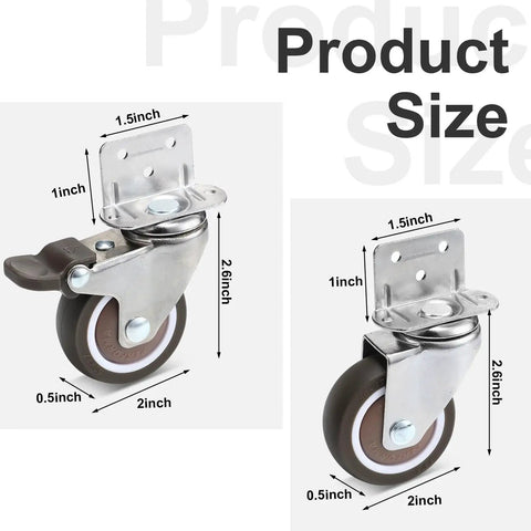8 Pack 2 Inch L Shape Caster Wheels With Brakes And Without Brakes, side view showing size dimensions for DIY projects