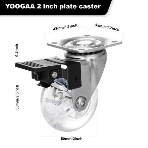 Two Inch Caster Wheels Set Of Four With Brakes Heavy Duty Clear Swivel Plate Castors With Noise Free Operation