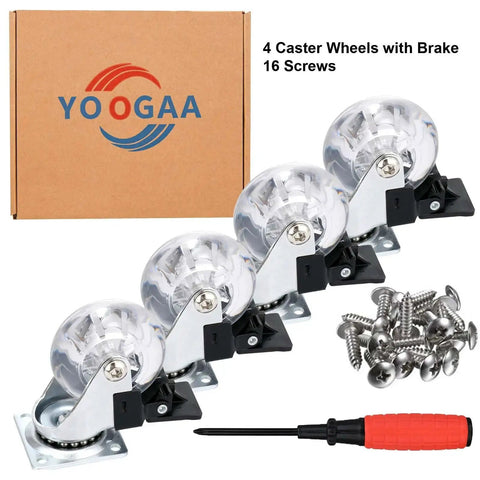 Two Inch Caster Wheels Set Of Four With Brakes Heavy Duty Clear Swivel Plate Castors With Noise Free Operation And Transparent Polyurethane Wheels 200 Pound Total Capacity Ideal For Carts Cabinets Tool Chests And Workbenches In Homes Or Workshops with screws and screwdriver