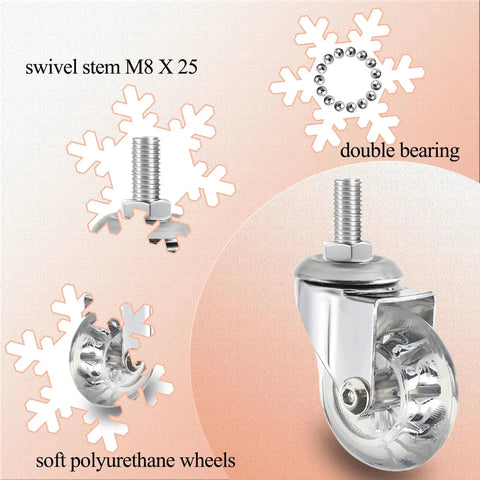 2 Inch Stem Caster Wheels With M8x25mm Threaded Stem For 360 Degree Rotating Crystal Clear Wheels Soft Polyurethane Furniture Wheels