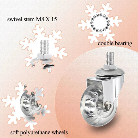 2 Inch Stem Caster Wheels With M8x15mm Threaded Stem 360 Degree Swivel Crystal Clear Soft Polyurethane Wheels for Carts shown with components