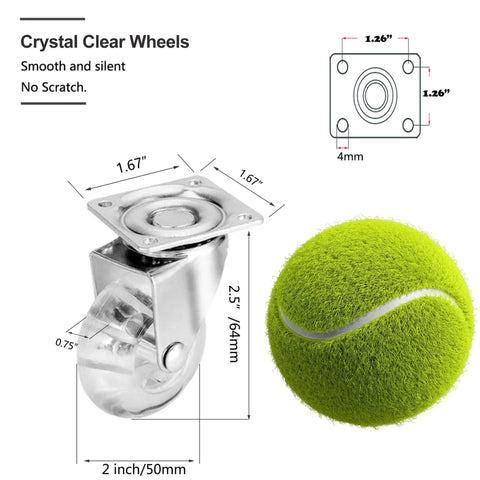 4 Pack Swivel Caster Wheels for Furniture 2 Inch Heavy Duty Crystal Clear Polyurethane with 360 Degree Plate dimensions
