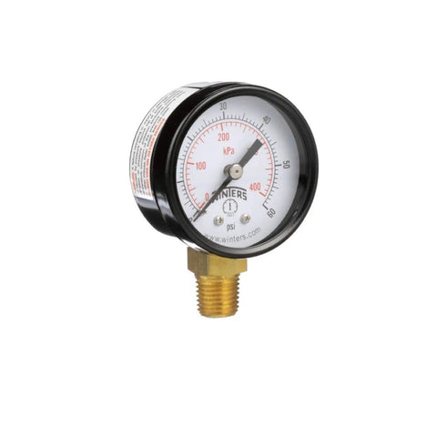 Winters 2-inch dial vacuum/pressure gauge with brass internals, steel case, 1/4" NPT bottom mount, dual kPa/psi scale.