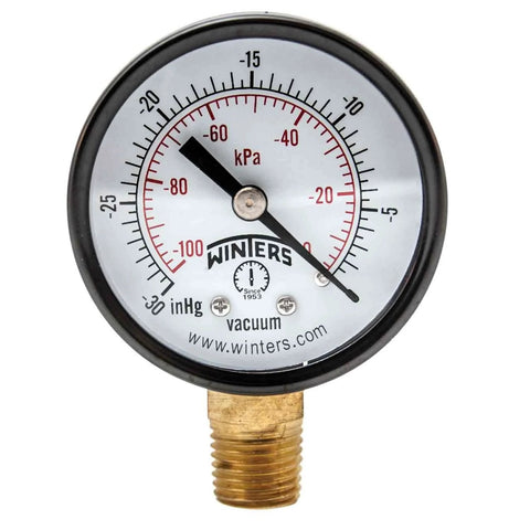 Winters 2-inch brass bottom-mount vacuum gauge with steel case; dual kPa/inHg scale, 1/4 NPT fitting.