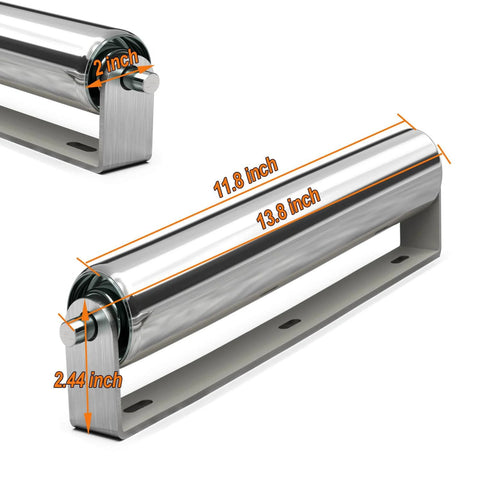 Side view of 2-inch diameter roller with bracket set, 11.8 BF length, 13.8 total length, metal construction, for automation use.
