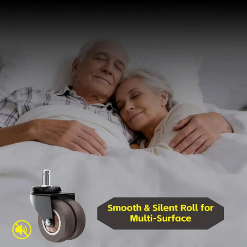 2 Inch Chair Wheels 5 Pack Heavy Duty Grey Rubber Casters with couple in bed symbolizing silent operation for office chairs