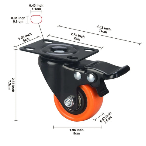 2 inch heavy duty caster wheels with brakes, quiet swivel plate PU casters with orange wheels in a 48 pack, side view showing dimensions.