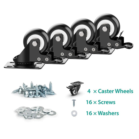 2 Inch Caster Wheels Heavy Duty Swivel Casters With Safety Brake Set Of 4, durable steel housing, includes screws and washers