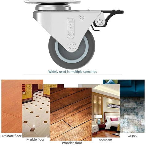 2 Inch Heavy Duty Swivel Casters Set Of 4 With 2 Locking Brakes shown on various floor types like laminate, marble, and carpet.