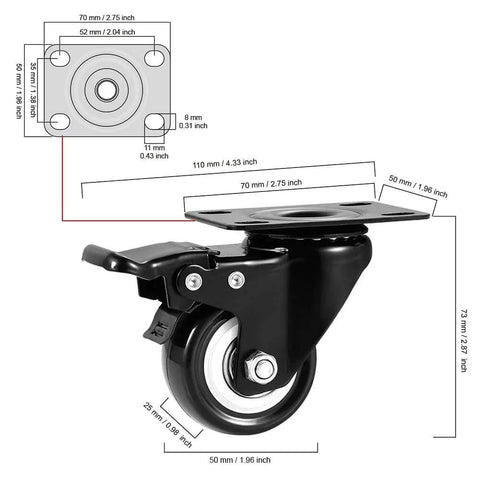 Diagram of 2 Inch Caster Wheels Heavy Duty Set of 4 Locking Swivel Casters with Top Plate Non Marking Black TPR Wheels