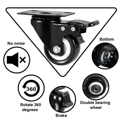 2 inch heavy duty swivel caster wheels with brake in a 48 pack, quiet polyurethane locking casters designed for furniture and workbenches