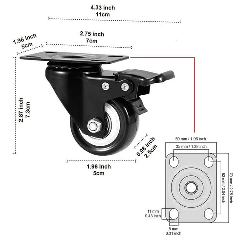 2 inch heavy duty swivel caster wheels with brake in a 48 pack, quiet polyurethane locking casters shown with dimensions.