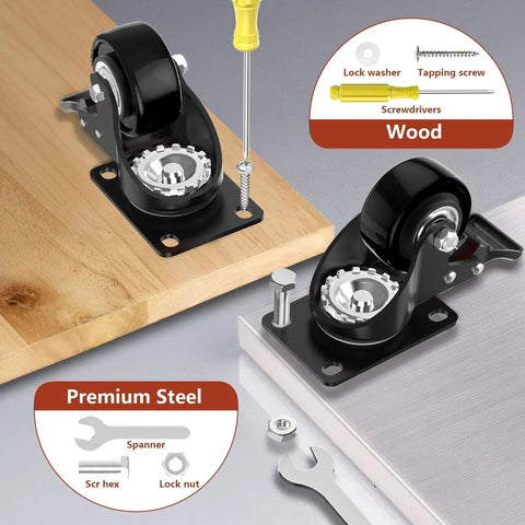 Image of Two Inch Heavy Duty Caster Wheels Set Of Four With Brakes Locking Industrial Swivel Top Plate Casters, tools included