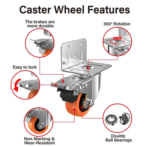 2-Inch L-Shaped Side Mount Caster Wheels Set Of Four Heavy Duty Casters With Brake Double Bearing Polyurethane Wheels features
