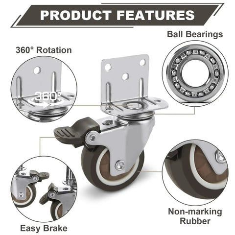 8 Piece Set 2 Inch L Shaped Caster Wheels With Brakes Side Mount Casters With Screws Locking Swivel No Noise TPR Rubber Wheel