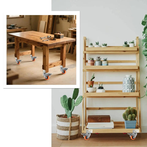 2-Inch L-Shaped Side Mount Caster Wheels Set Of Four Heavy Duty Casters With Brake installed on wooden furniture.