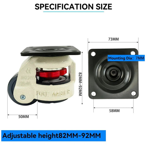 Four Pack 2 Inch Leveling Machine Casters With Nylon Wheels And Rubber Feet For Stable Installs And Smooth Mobility Load Capacity Up To 2200 Lbs technical specifications shown in diagram