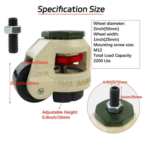 Close-up of 4 Pack 2 Inch Leveling Machine Stem Casters With Retractable Rubber Feet For Workbenches, Machines, And Equipment, Adjustable To Straighten On Uneven Floors, Industrial Grade Heavy Duty Capacity Up To 2200 Lbs, showing specifications and dimensions.