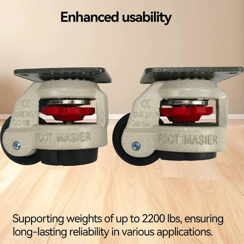Close-up of two Four Pack 2 Inch Leveling Machine Casters with Nylon Wheels and Rubber Feet for stable installs on wooden floor