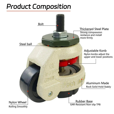 4 Pack 2 Inch Leveling Machine Stem Casters With Retractable Rubber Feet For Workbenches, Machines, And Equipment, Adjustable