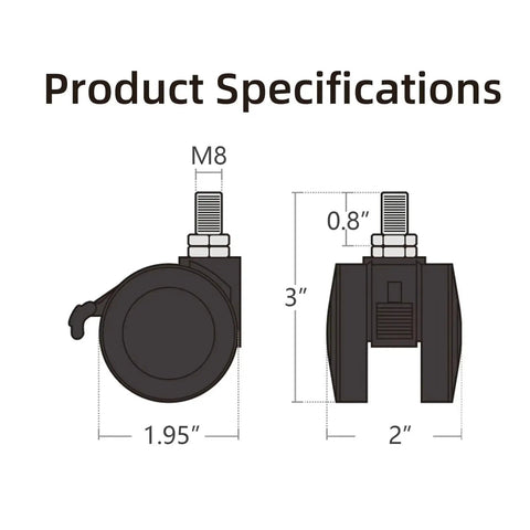 Product diagram of Four Pack 2 Inch Locking Swivel Casters With M8 Threaded Stem showing dimensions and specifications.