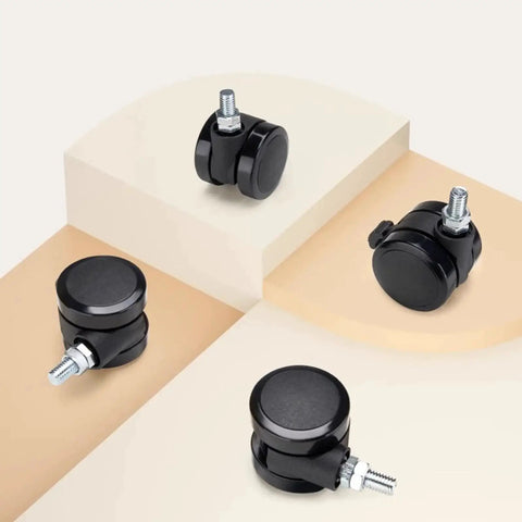 Four Pack 2 Inch Locking Swivel Casters With M8 Threaded Stem 360 Degree Smooth Rolling Wheels displayed on a stepped surface.